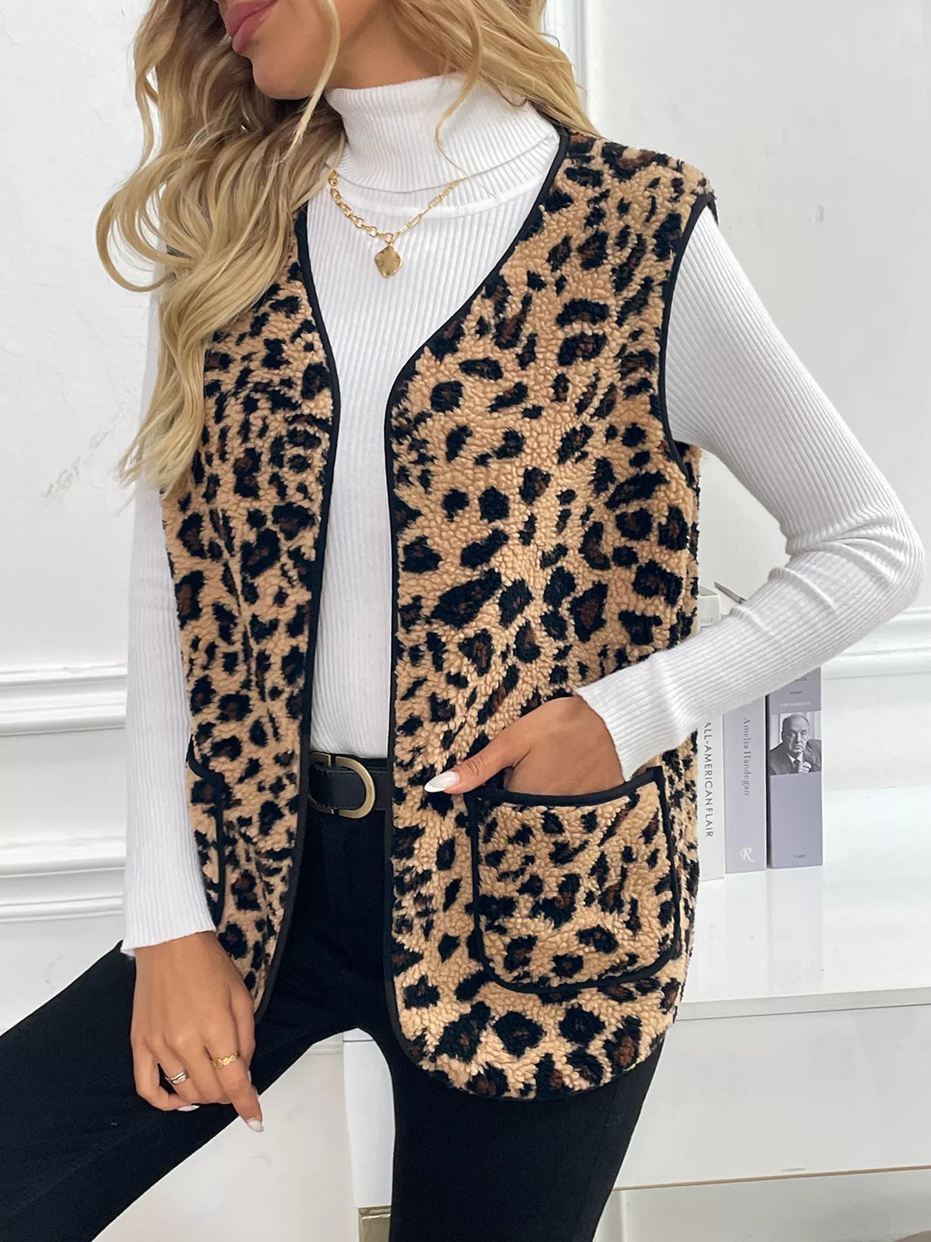 Leopard Fleece Pocket Vest Coat