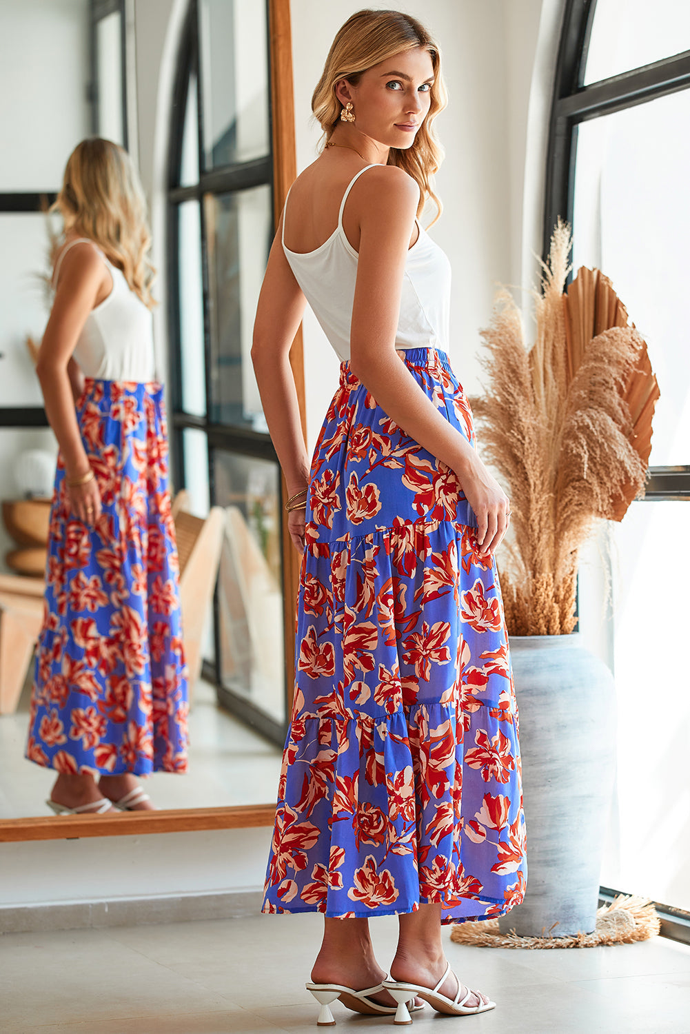 Boho Floral Tiered Slit Maxi Skirt
