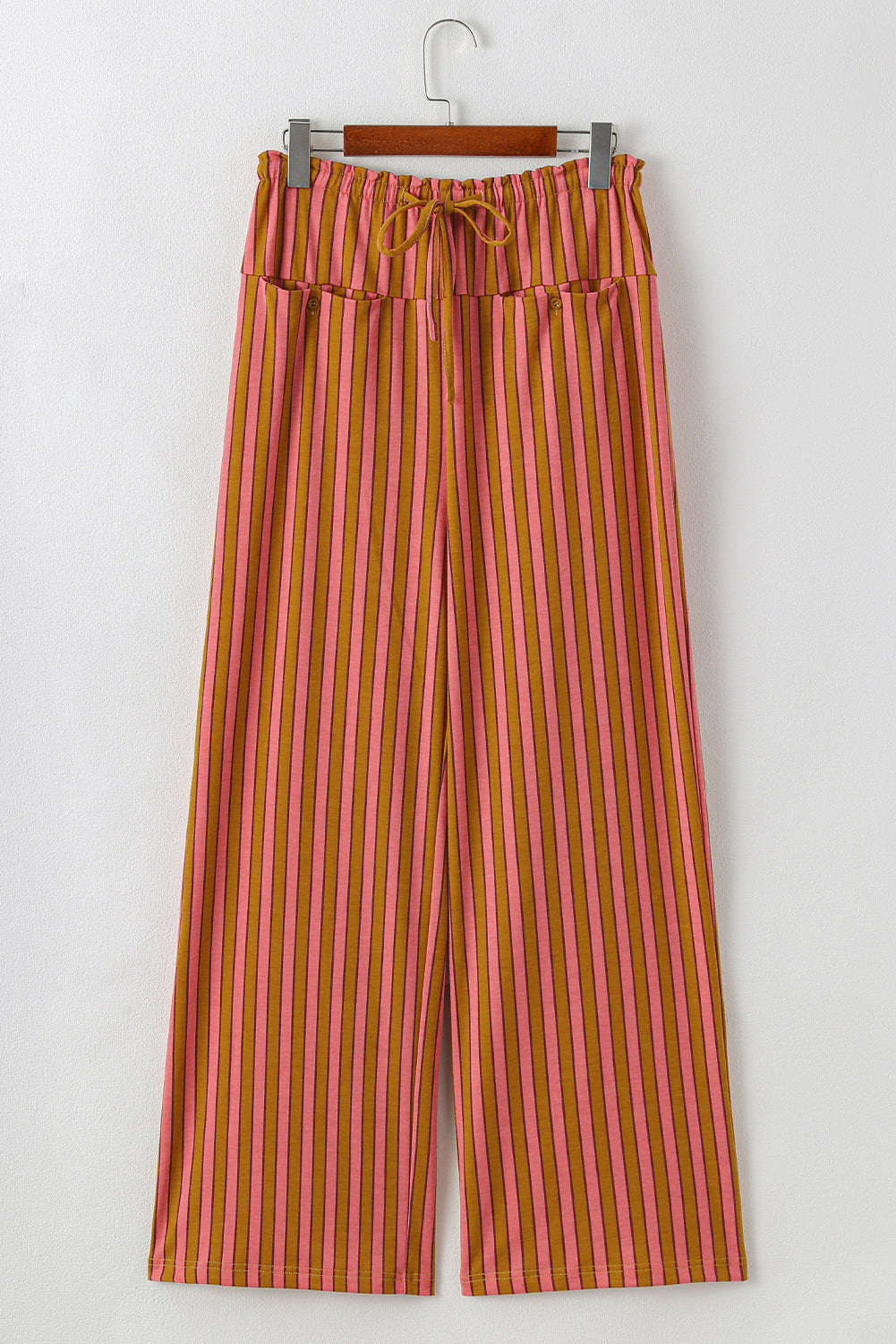 Striped Tie-Waist Button Pocket Wide-Leg Pants