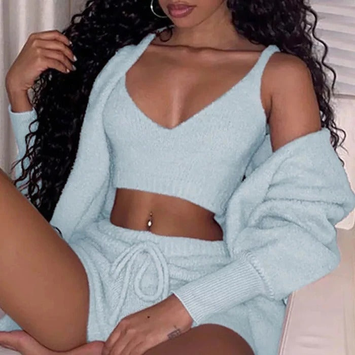 Trifecta Ribbed Lounge Set - Versatile Crop & Shorts Trio