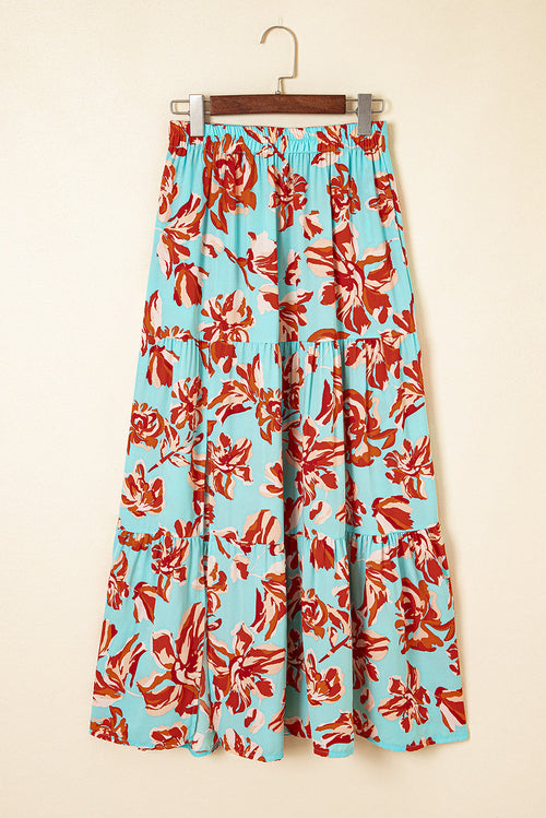 Boho Floral Tiered Slit Maxi Skirt