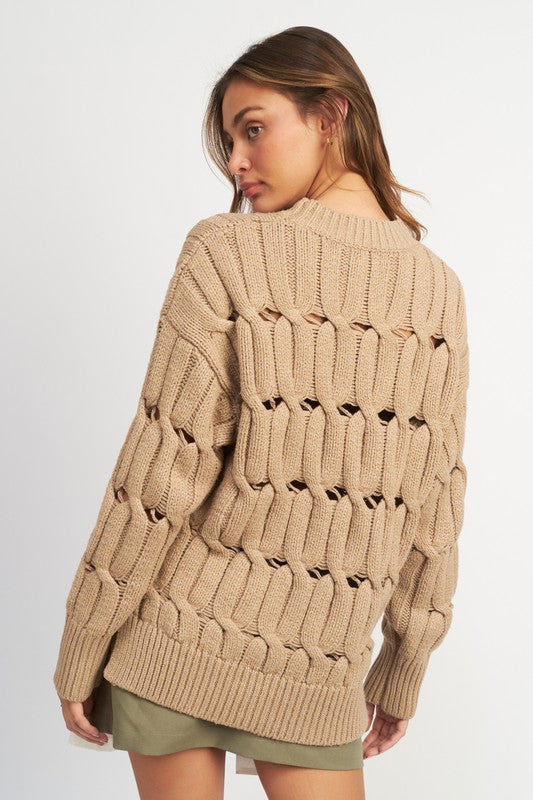Open Knit Side Slit Sweater