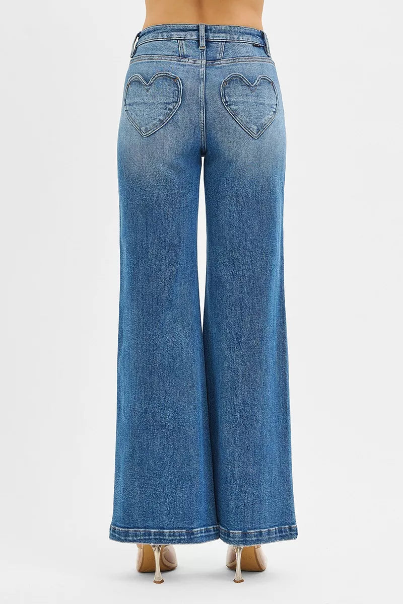 Risen High-Rise Wide-Leg Heart Pocket Jeans