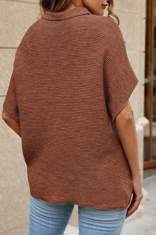 Coffee High-Neck Short Sleeve Sweater