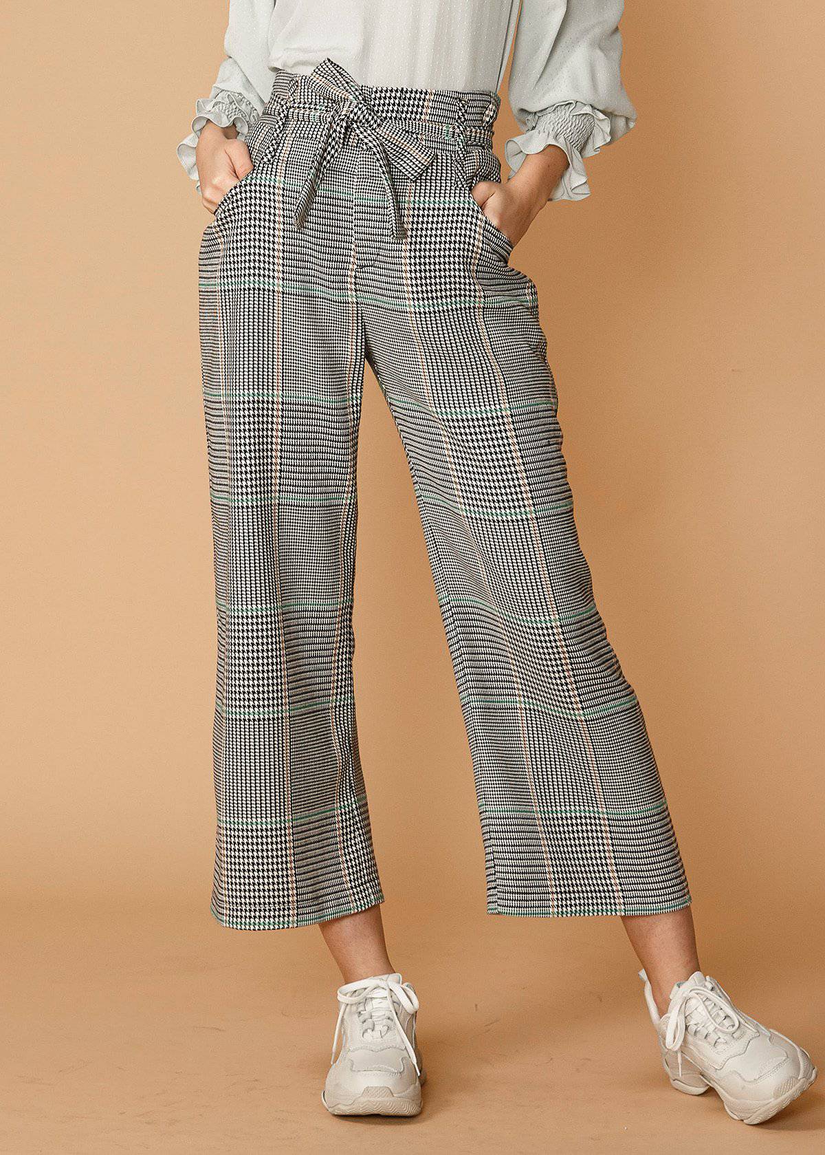 Plaid Tie-Waist Cropped Pants