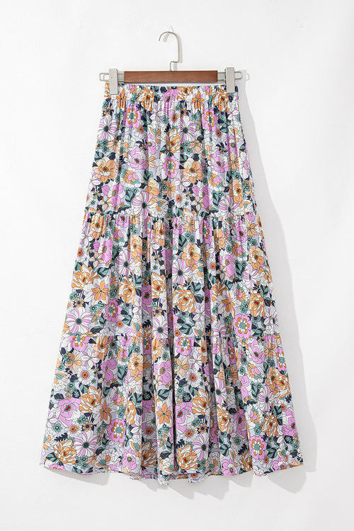 Boho Floral Tiered Slit Maxi Skirt