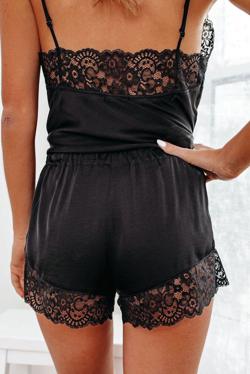 Black Lace Trim Tank Top and Shorts Pajamas Set