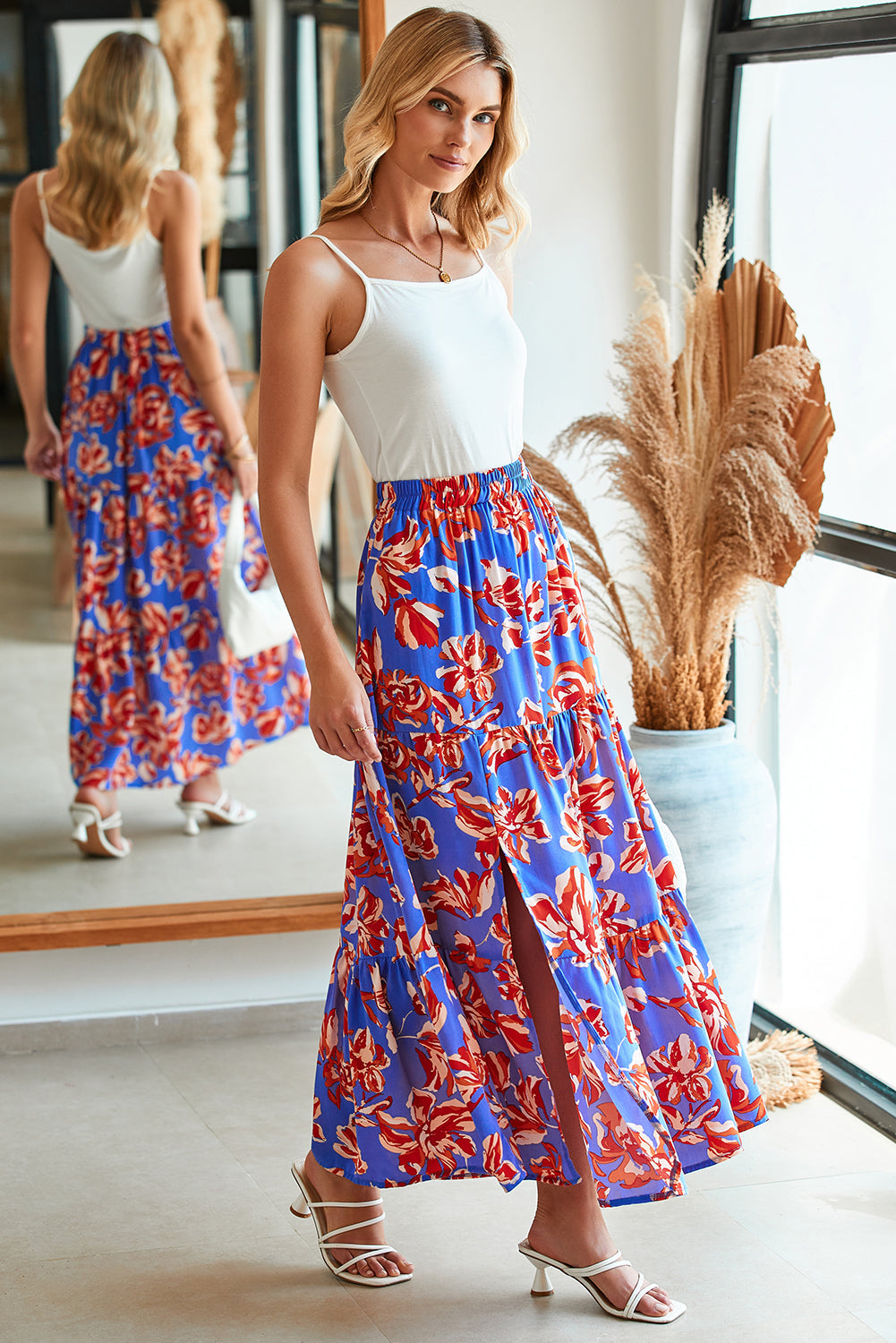 Boho Floral Tiered Slit Maxi Skirt