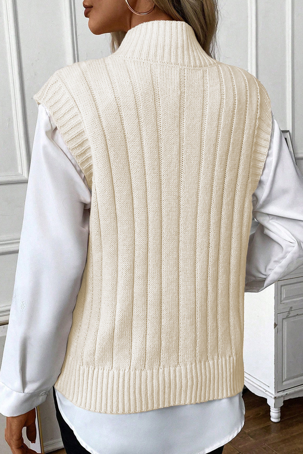 Oatmeal Cable-Knit High-Neck Sweater Vest