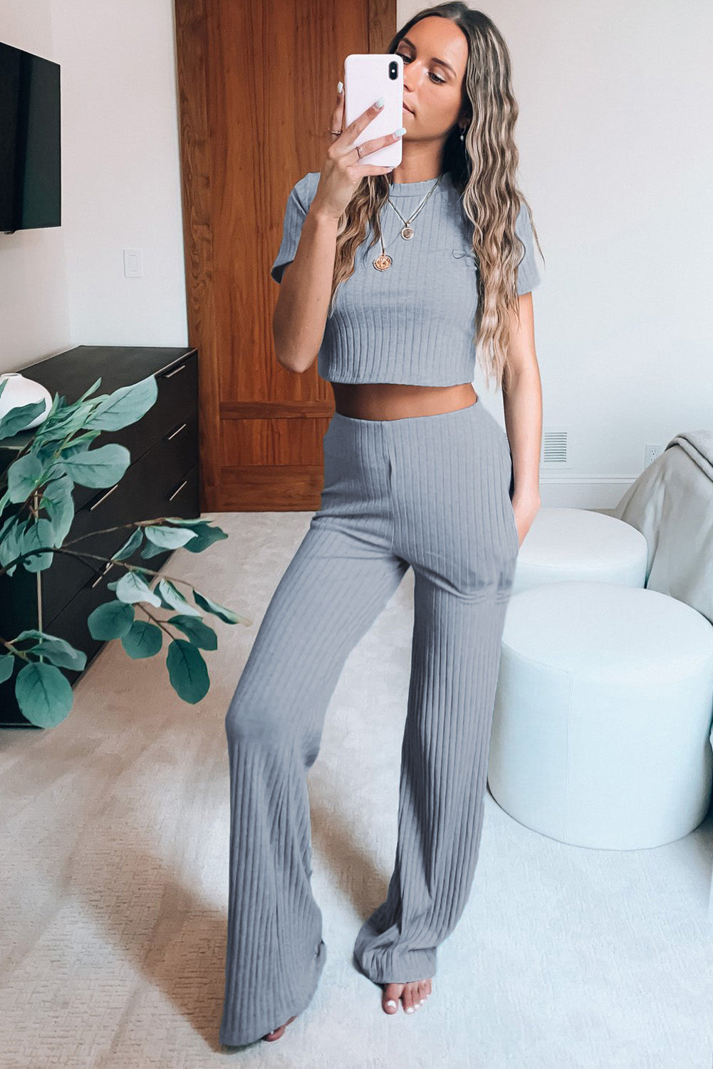 Ribbed Knit Cropped Tee & Wide-Leg Lounge Set