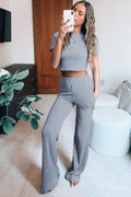 Ribbed Knit Cropped Tee & Wide-Leg Lounge Set