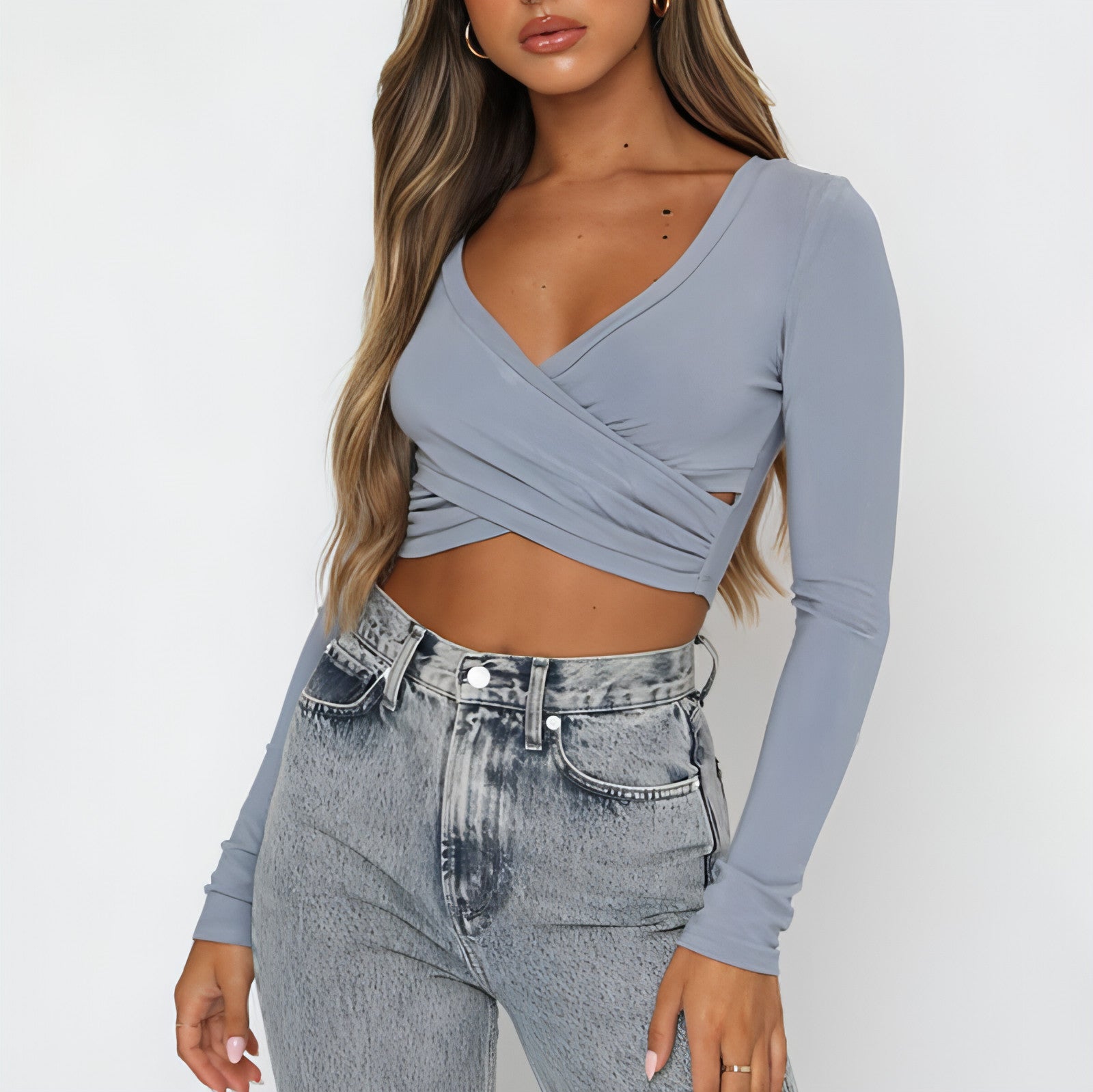 Enigma Sculpt Long-Sleeve - Sleek Cross V-Neck Stitch Top