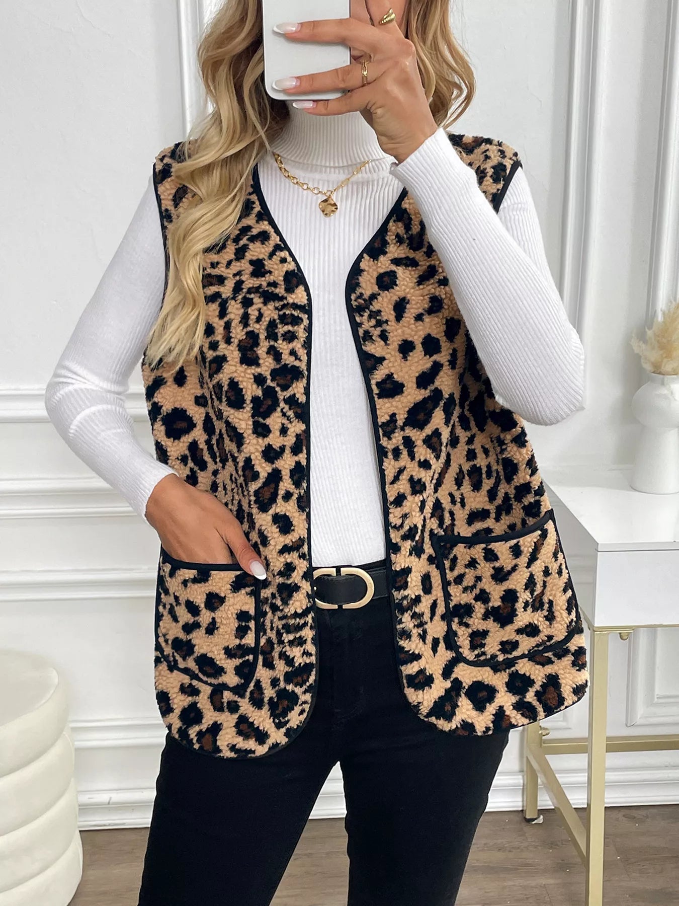 Leopard Fleece Pocket Vest Coat