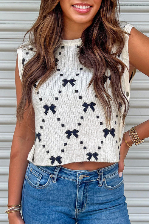 Bow Pattern Buttoned Cropped Sweater Vest