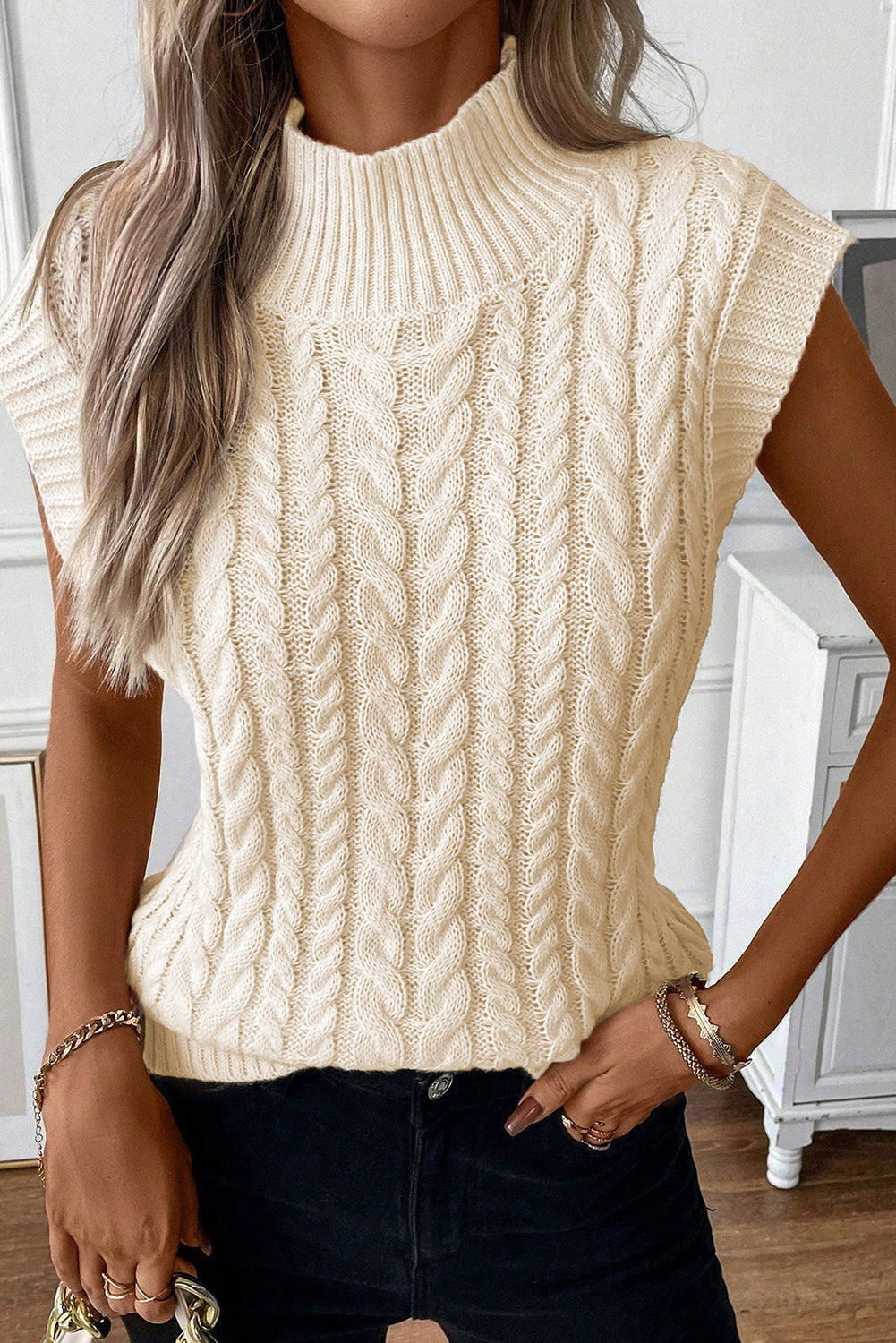Oatmeal Cable-Knit High-Neck Sweater Vest