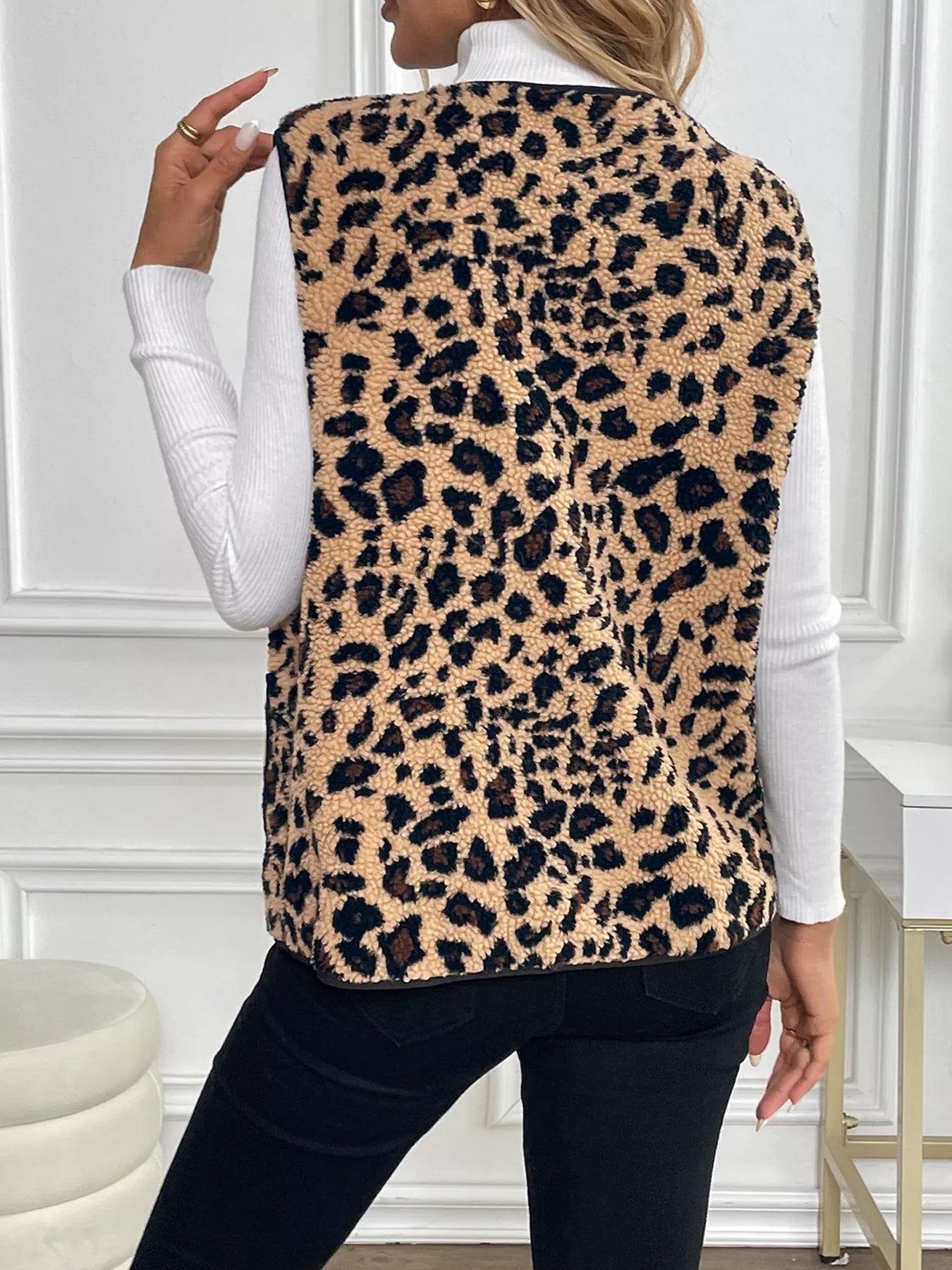 Leopard Fleece Pocket Vest Coat