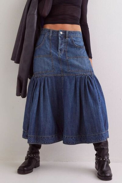 Munsieur Boho Denim Midi Pocket Skirt