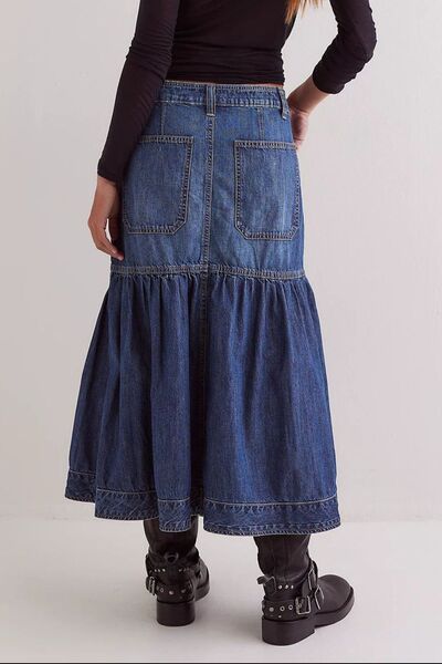 Munsieur Boho Denim Midi Pocket Skirt
