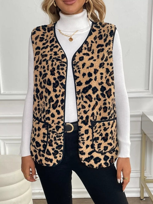 Leopard Fleece Pocket Vest Coat