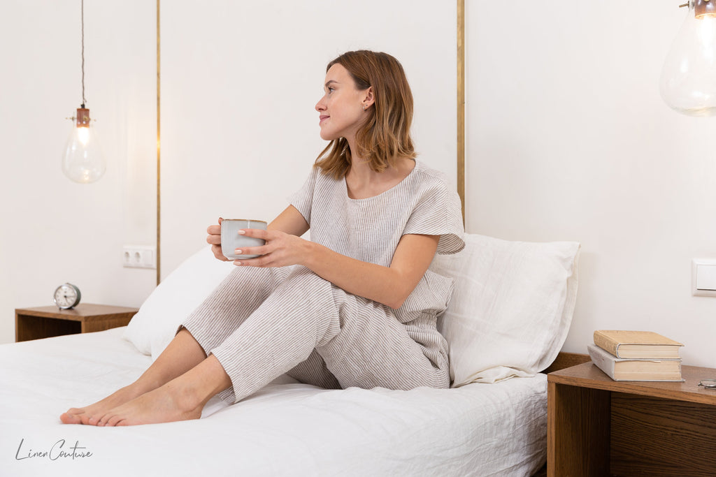 Cloudy Stripe Linen Set - Breathable Natural Loungewear