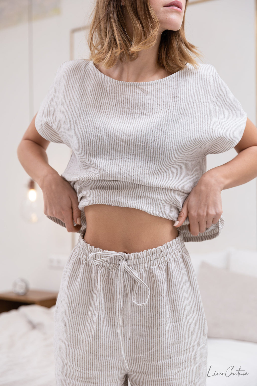 Cloudy Stripe Linen Set - Breathable Natural Loungewear