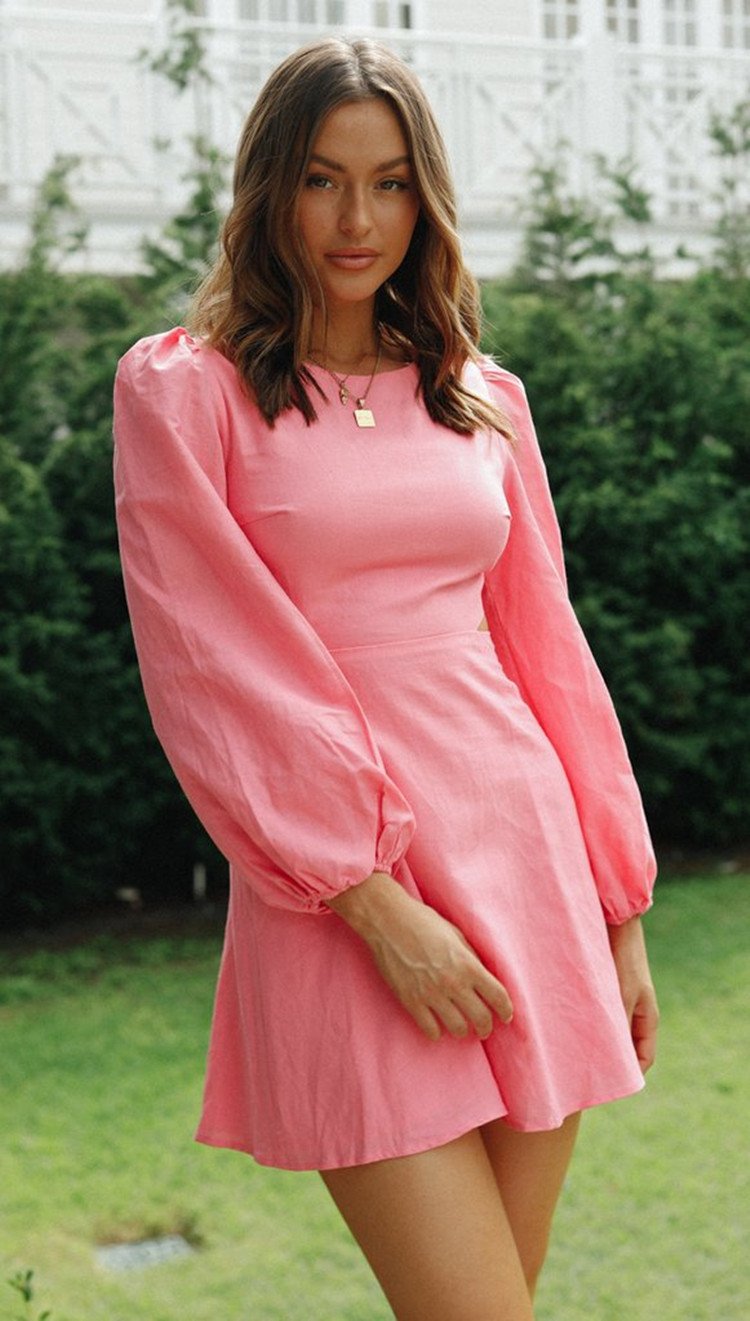 Coastal Allure Backless Mini - Chic Long-Sleeve Vacation Dress