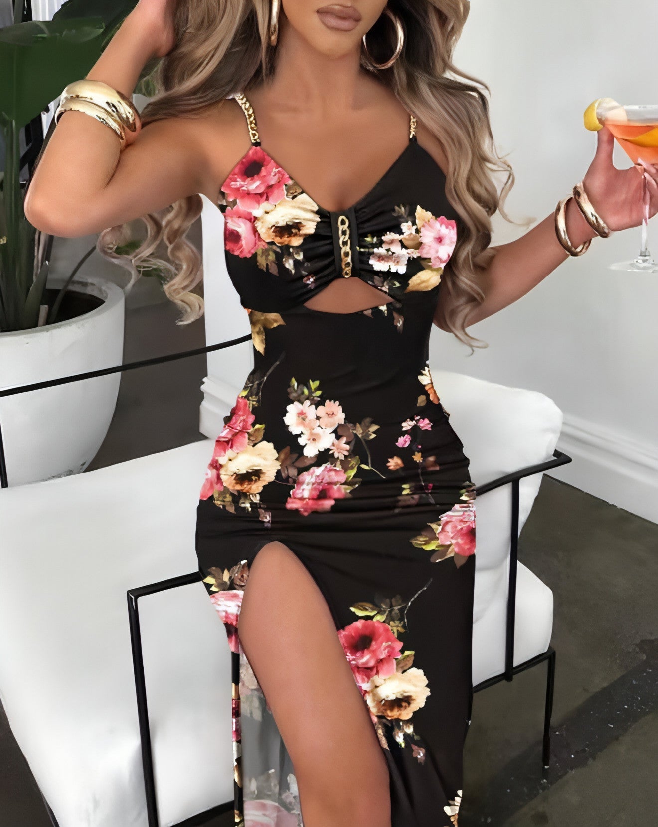 Flora Breeze Split Dress - Elegant Spaghetti-Strap Sundress