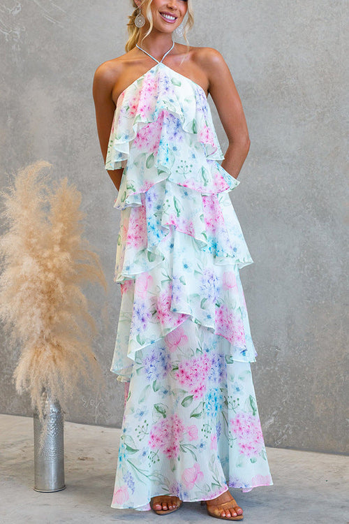 Chiffon Lace-Up Multi-Layer Holiday Maxi Dress