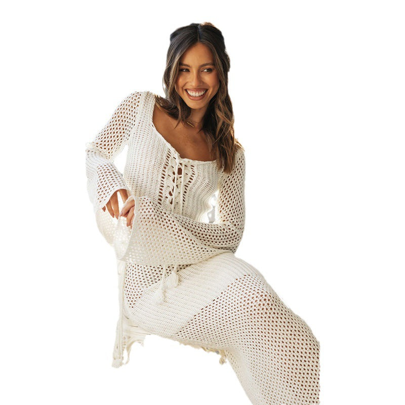 Hollow-Knit 2-Piece Skirt & Blouse Set