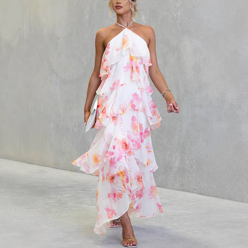 Chiffon Lace-Up Multi-Layer Holiday Maxi Dress