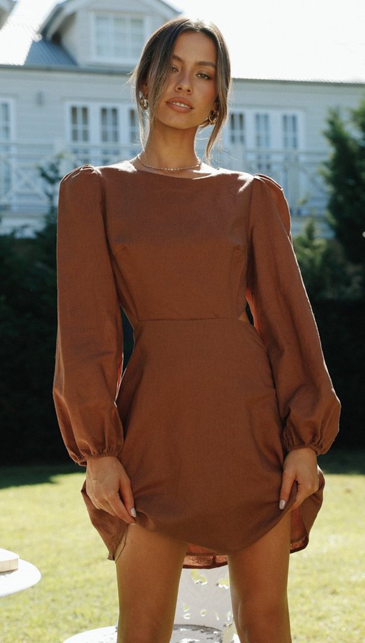 Coastal Allure Backless Mini - Chic Long-Sleeve Vacation Dress
