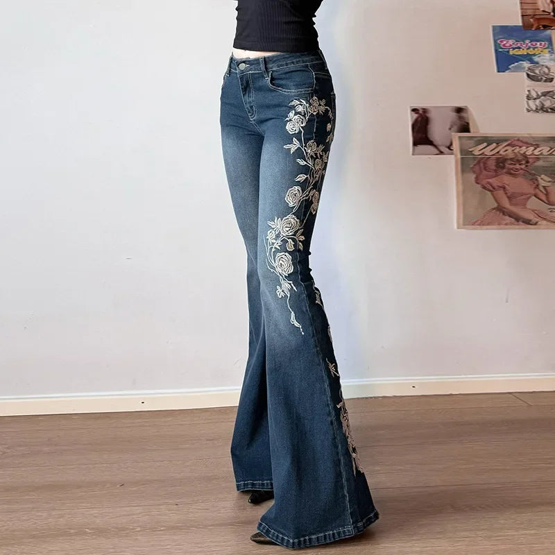 Retro Y2K Floral Embroidery Baggy Low-Rise Jeans