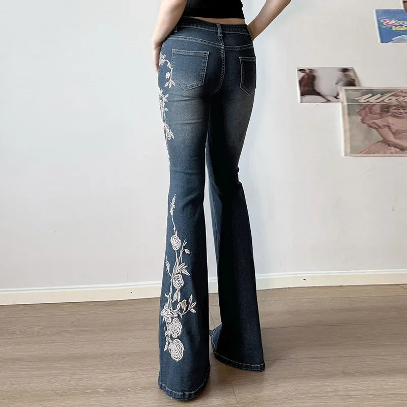 Retro Y2K Floral Embroidery Baggy Low-Rise Jeans
