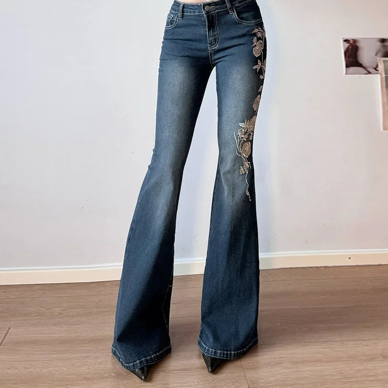 Retro Y2K Floral Embroidery Baggy Low-Rise Jeans
