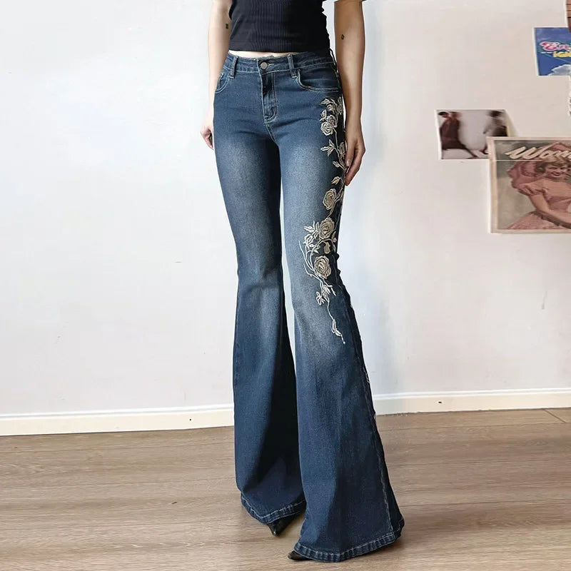 Retro Y2K Floral Embroidery Baggy Low-Rise Jeans
