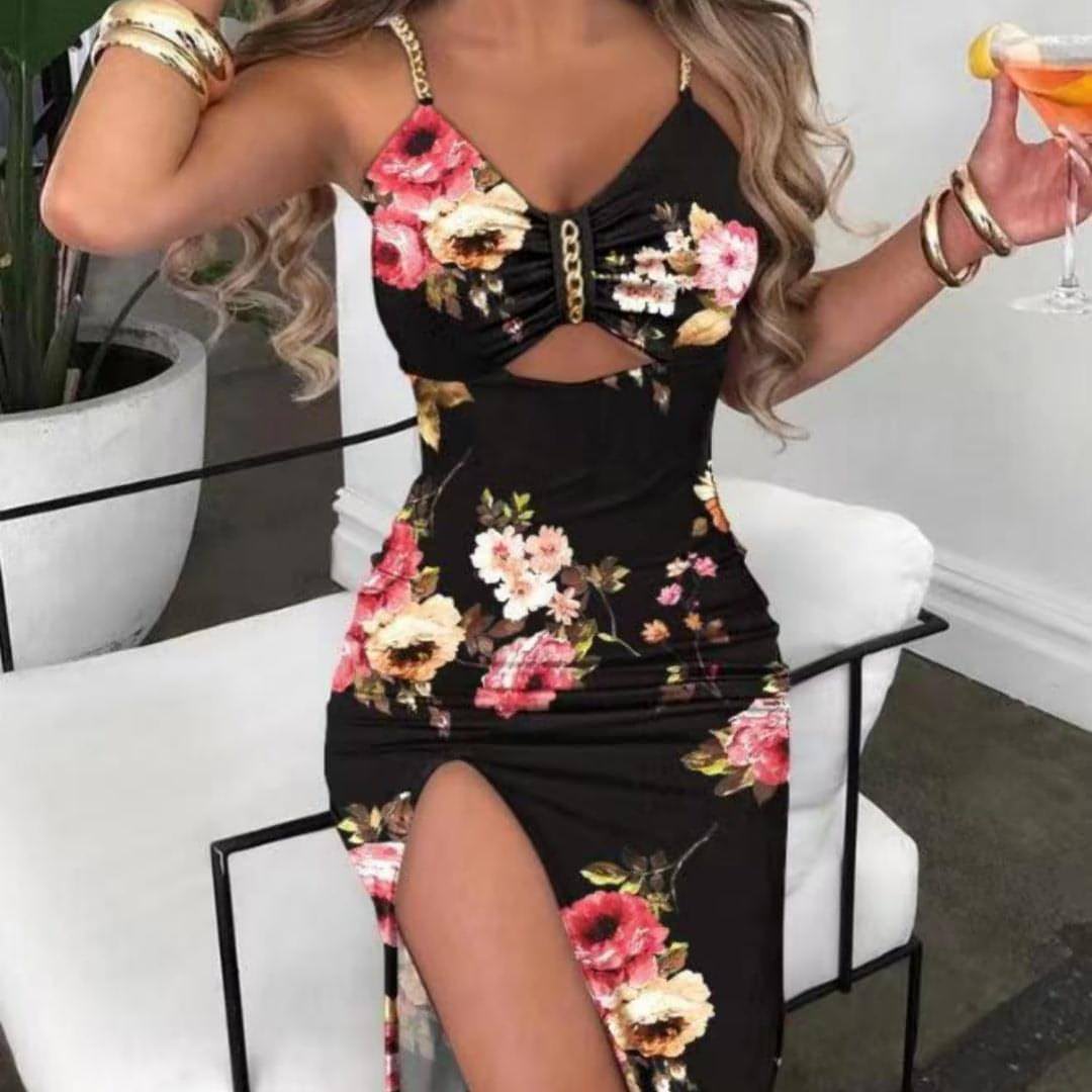 Flora Breeze Split Dress - Elegant Spaghetti-Strap Sundress