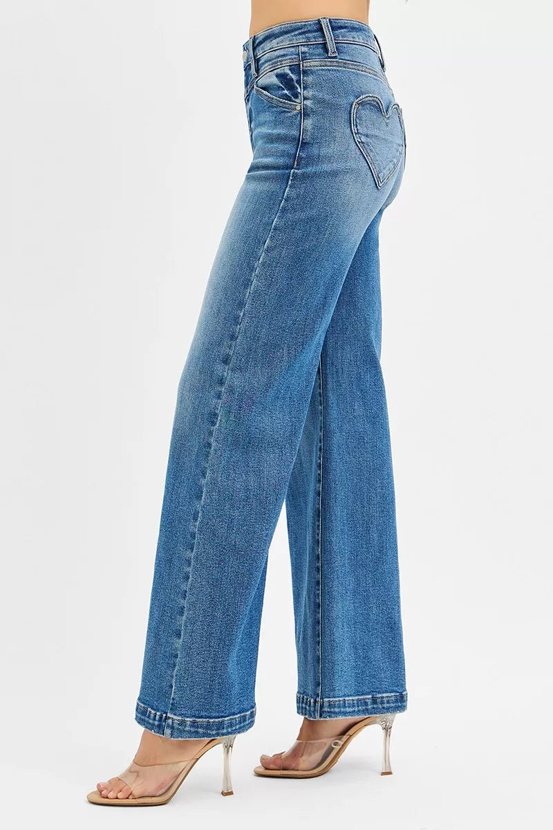 Risen High-Rise Wide-Leg Heart Pocket Jeans