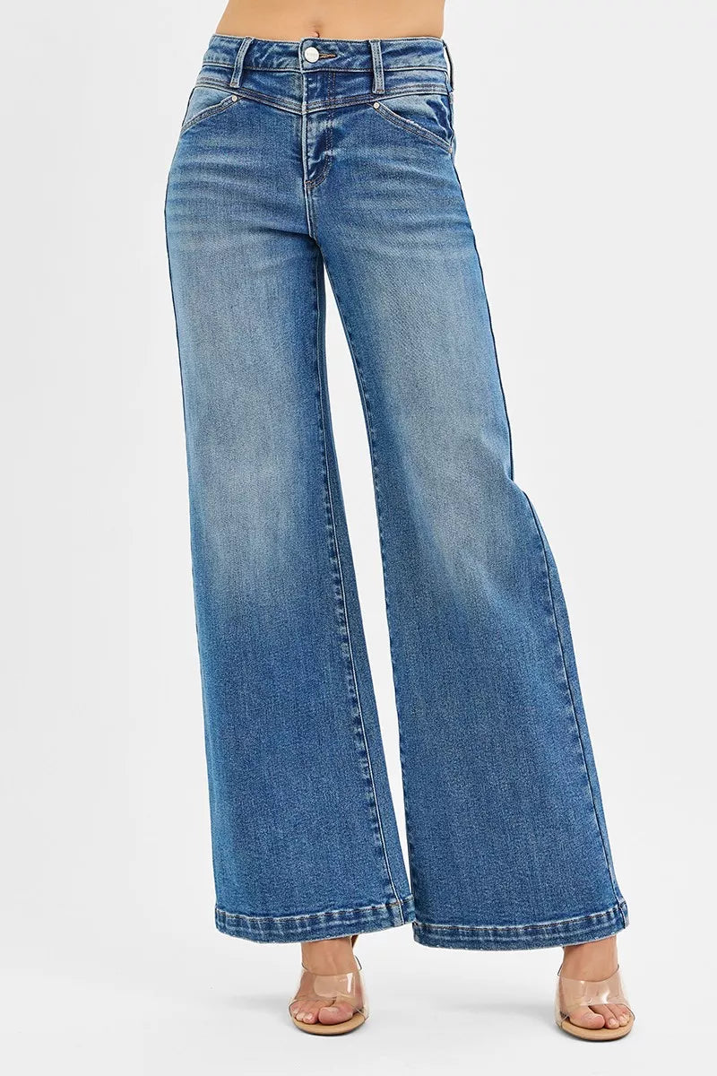 Risen High-Rise Wide-Leg Heart Pocket Jeans