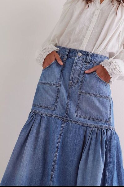 Munsieur Boho Denim Midi Pocket Skirt