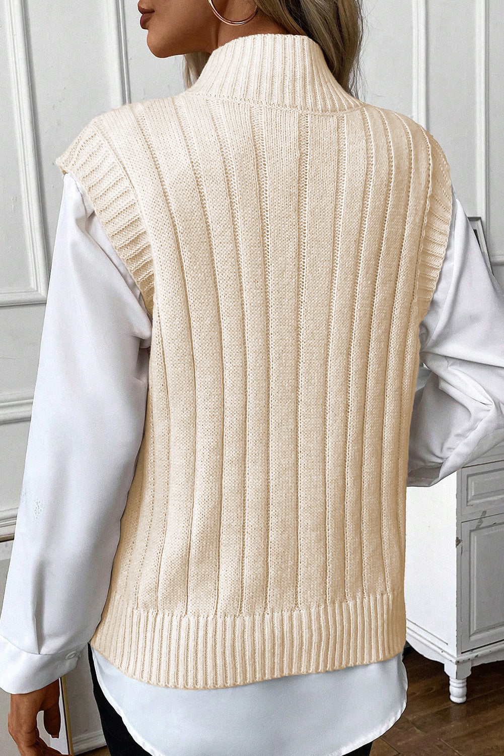Oatmeal Cable-Knit High-Neck Sweater Vest