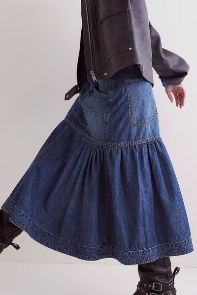 Munsieur Boho Denim Midi Pocket Skirt