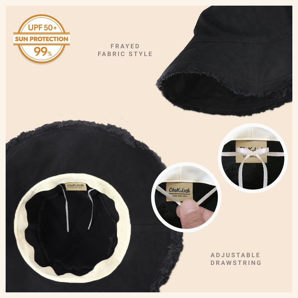 Wide Brim Frayed Bucket Hat – Lightweight Summer Sun Hat for Women