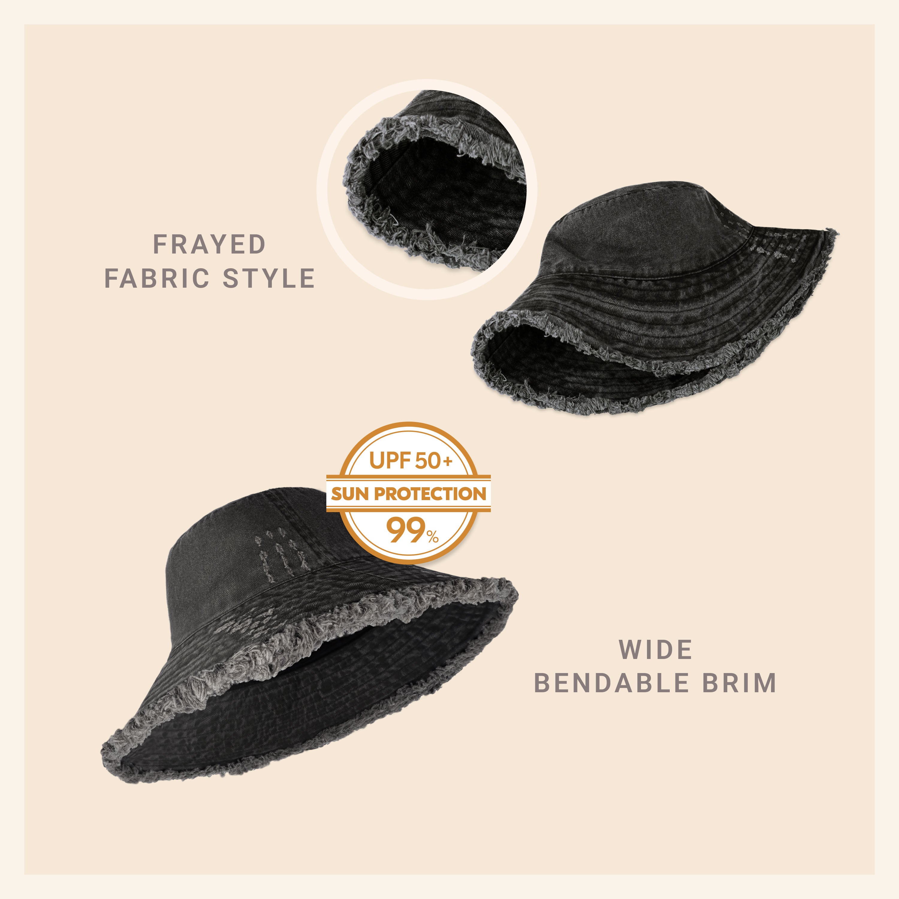 Wide Brim Frayed Bucket Hat – Lightweight Summer Sun Hat for Women
