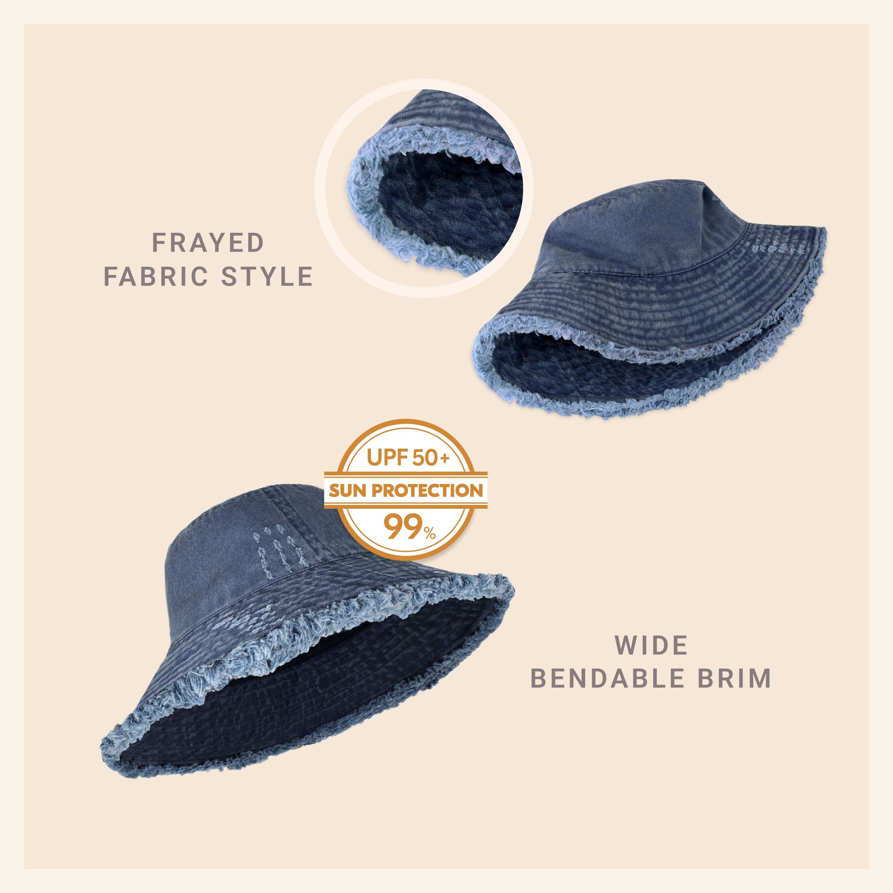 Wide Brim Frayed Bucket Hat – Lightweight Summer Sun Hat for Women
