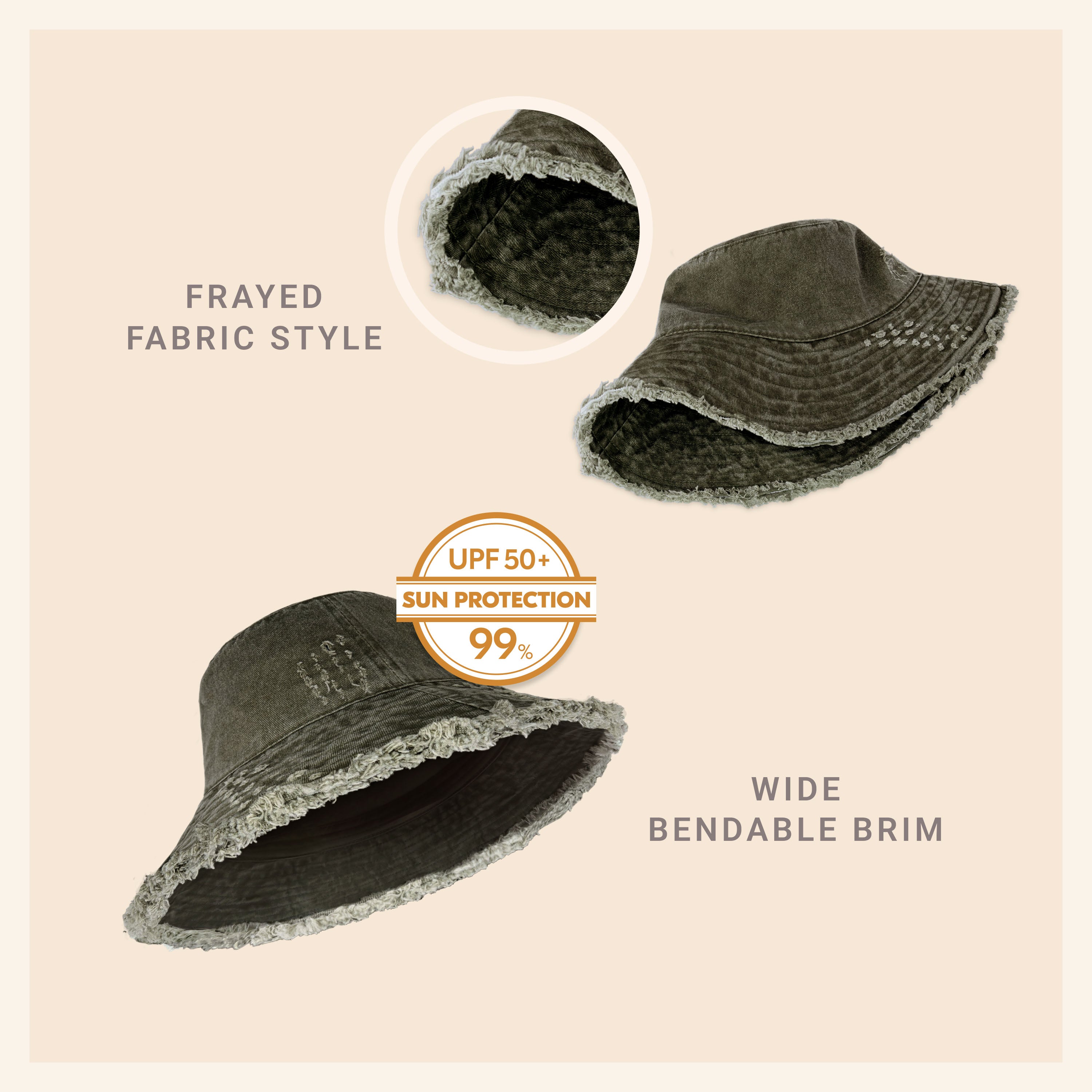 Wide Brim Frayed Bucket Hat – Lightweight Summer Sun Hat for Women