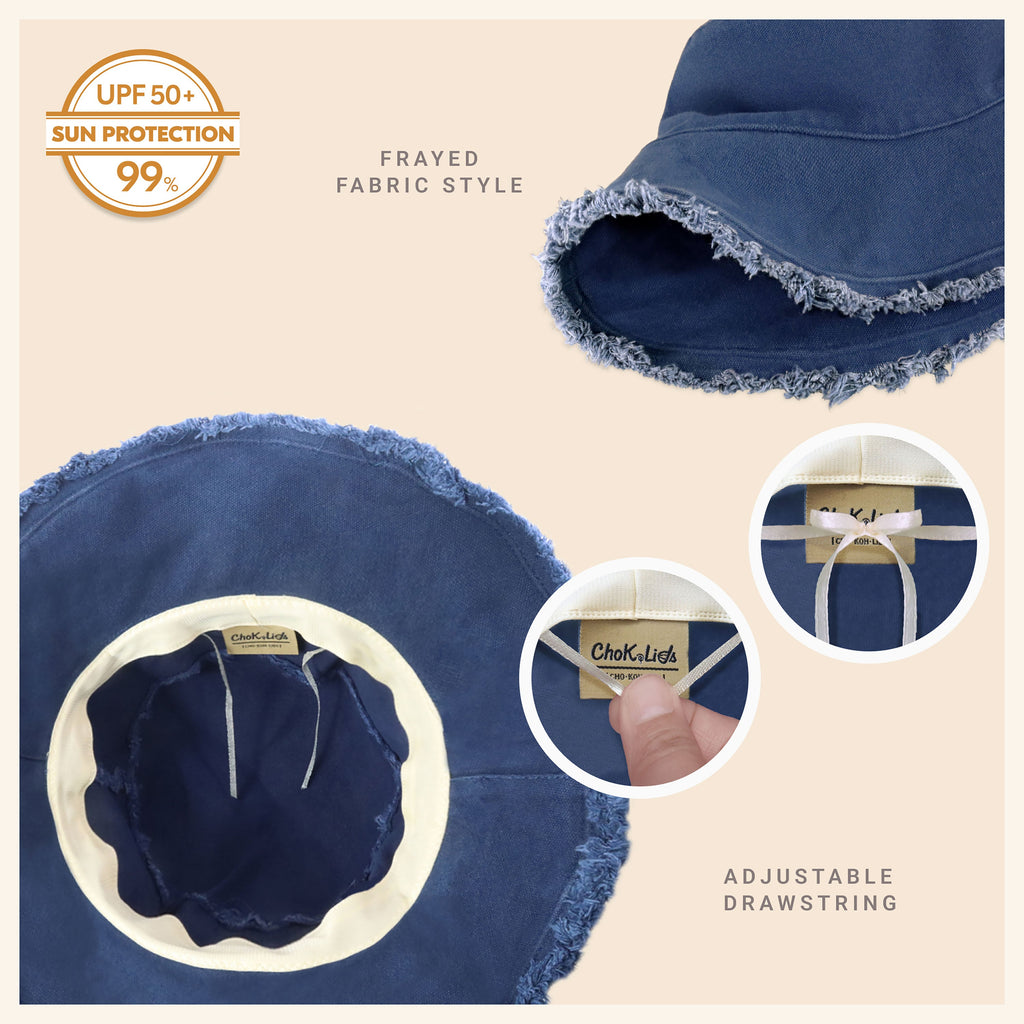 Wide Brim Frayed Bucket Hat – Lightweight Summer Sun Hat for Women