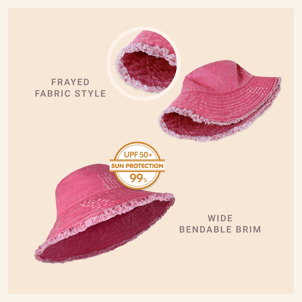 Wide Brim Frayed Bucket Hat – Lightweight Summer Sun Hat for Women