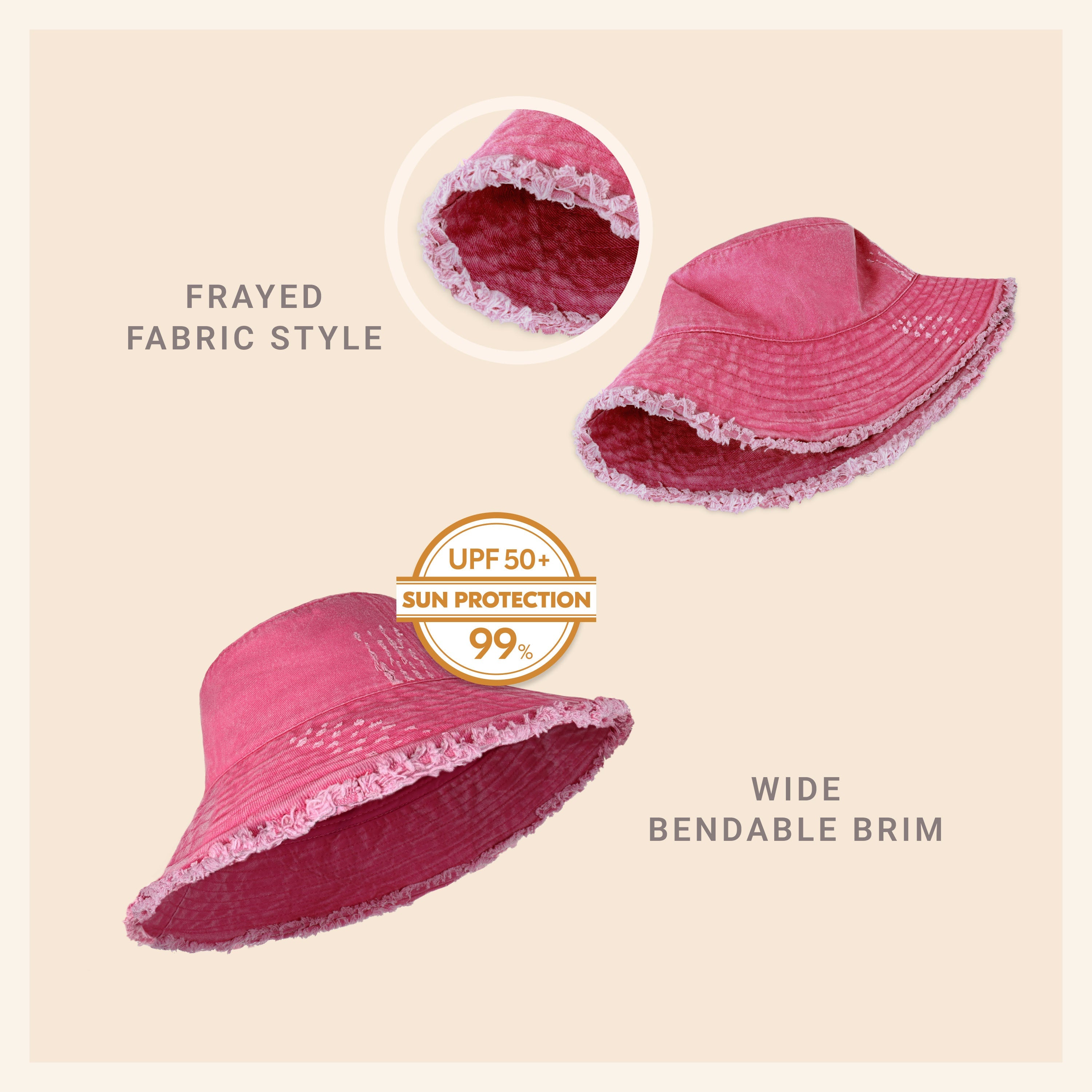 Wide Brim Frayed Bucket Hat – Lightweight Summer Sun Hat for Women