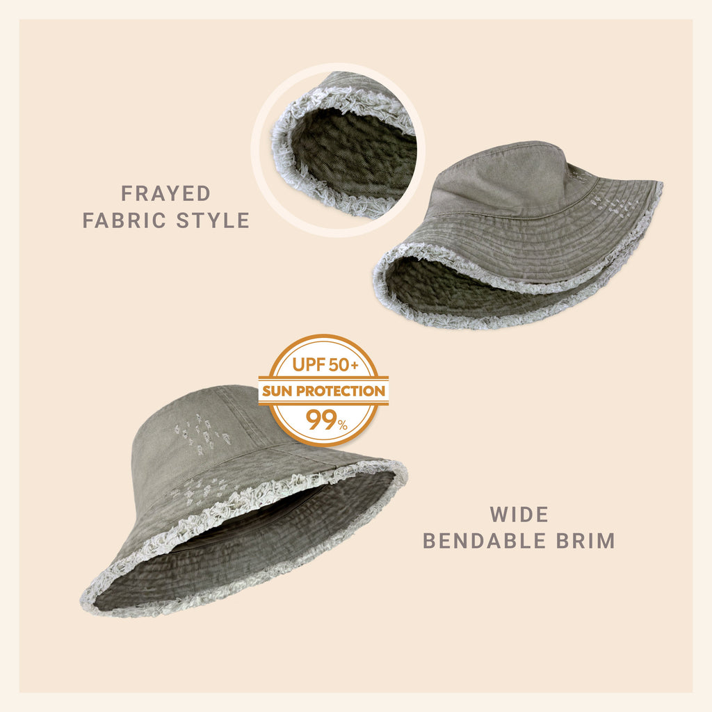 Wide Brim Frayed Bucket Hat – Lightweight Summer Sun Hat for Women
