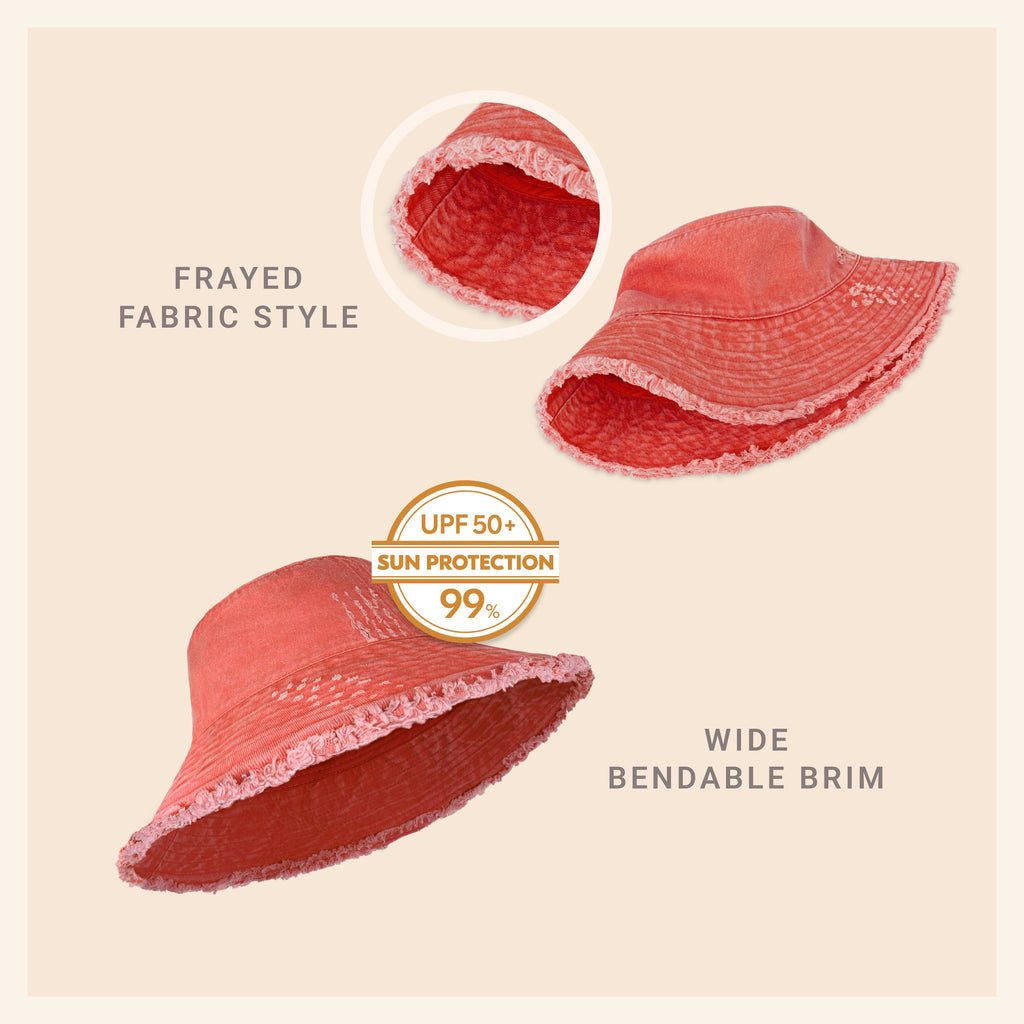 Wide Brim Frayed Bucket Hat – Lightweight Summer Sun Hat for Women